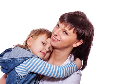 daughter laughing with Mother face to face isolated on white