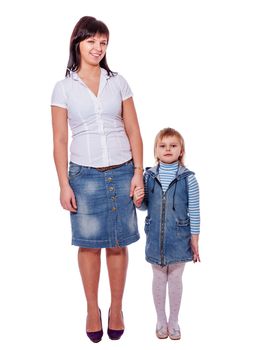 Mother and daughter smiling standing together isolated