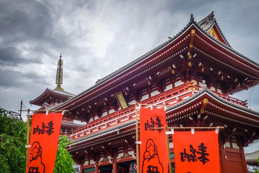 Kaminarimon gate and pagoda in Senso-ji Kannon temple, Tokyo, Japan