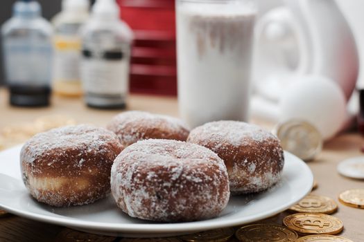 Delicious doughnuts on the white plate. Sweet fresh food concept.