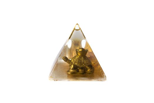 Golden turtle pyramid water isolated white background