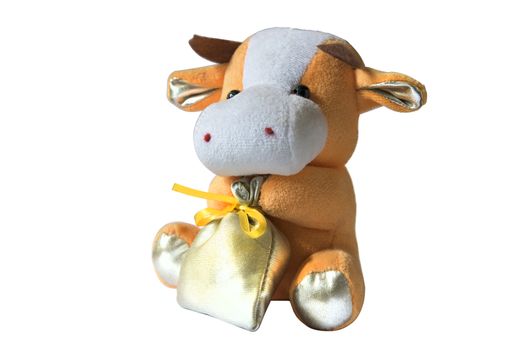 cow gold bag soft toy isolated on white