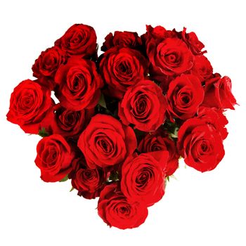 Heart shaped bouquet of red roses isolated on white background
