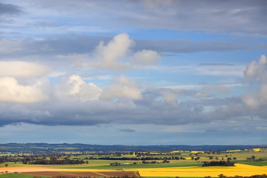 Spring skies over rural farms and crops of wheat and canola