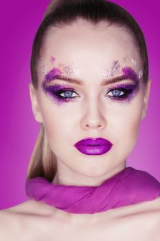 Beauty Makeup. Purple Make-up and Colorful Bright Nails. Beautiful Girl Close-up Portrait.
