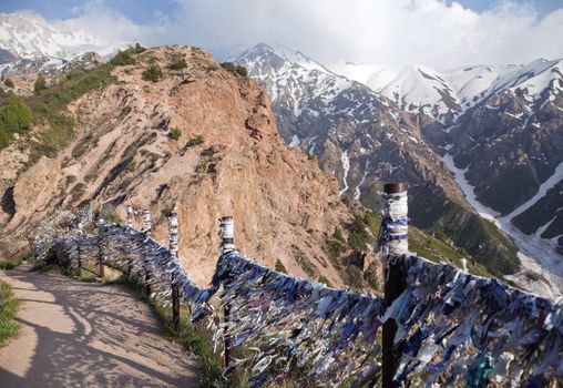 Lots of Buddhist prayer ribbons in Chimgan mountains, Uzbekistan