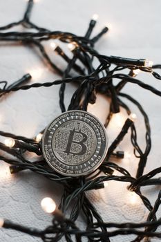 Crypto currency physical bitcoin coin. Bitcoin tokens digital money concept.