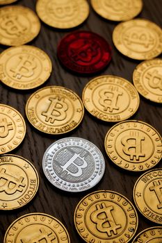 Crypto currency physical bitcoin coin. Bitcoin tokens digital money concept.