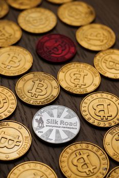 Crypto currency physical bitcoin coin. Bitcoin tokens digital money concept.