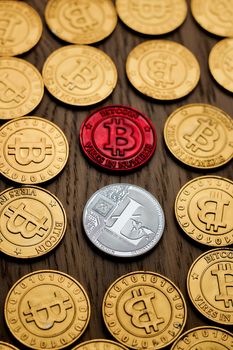 Crypto currency physical bitcoin coin. Bitcoin tokens digital money concept.