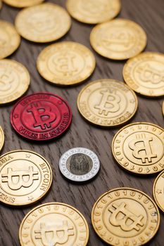 Crypto currency physical bitcoin coin. Bitcoin tokens digital money concept.