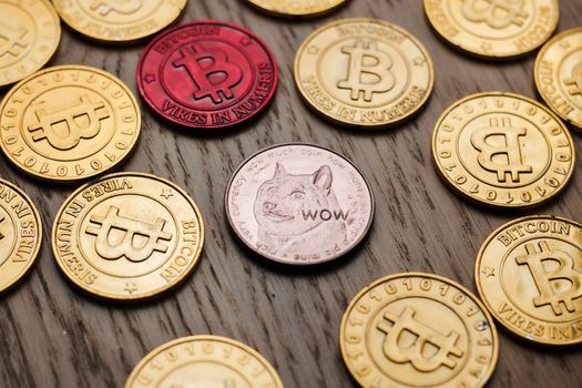 Crypto currency physical bitcoin coin. Bitcoin tokens digital money concept.
