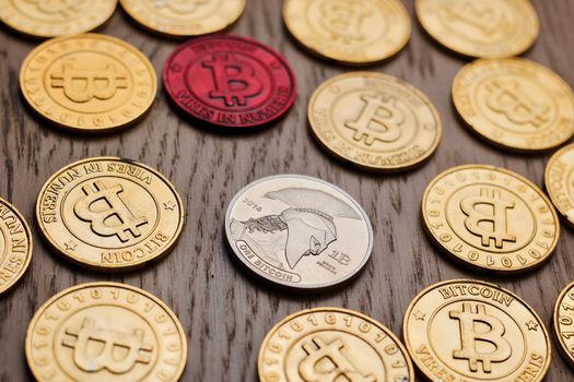 Crypto currency physical bitcoin coin. Bitcoin tokens digital money concept.