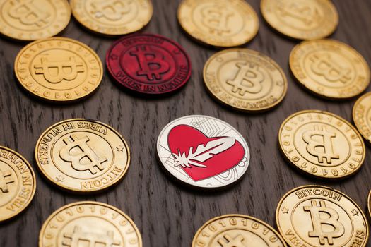 Crypto currency physical bitcoin coin. Bitcoin tokens digital money concept.