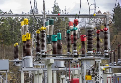 Electric power substation: electricity substation, power Line and power station. Equipment and cable. 