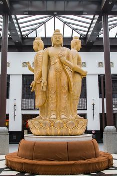 A golden statue of 3 buddhas in the hall before advancing to the Yungang Grottos.