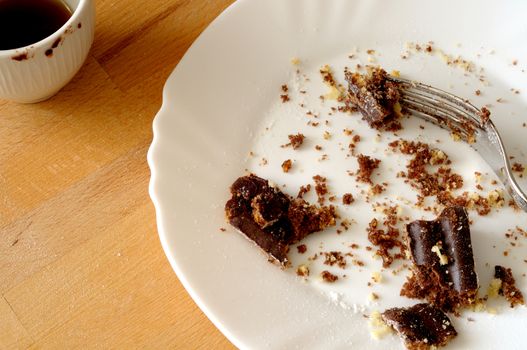 close up of leftover chocolate cake, with dirty chocolate coffee cup 