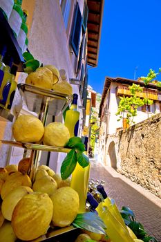 Lemons and lemon domestic products on street of Limone sul Garda, Garda lake in Lombardy region of Italy