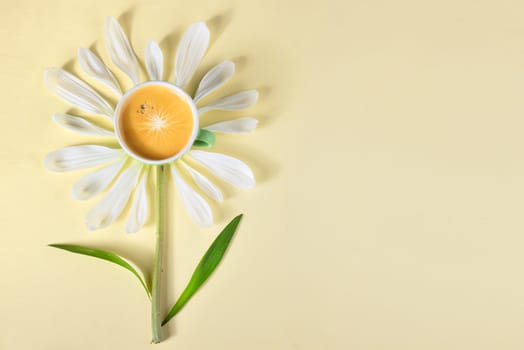 Abstract cup of coffee and petals create flower