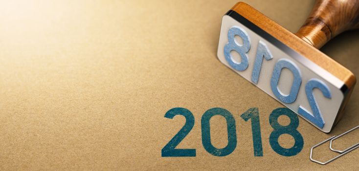 3D illustration of a rubber stamp with the year 2018 stamped on recycled paper background. Two Thousand Eighteen agenda concept.