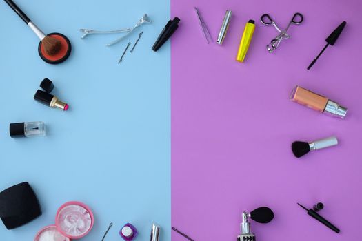 Makeup and Cosmetics Flat lay with copy space