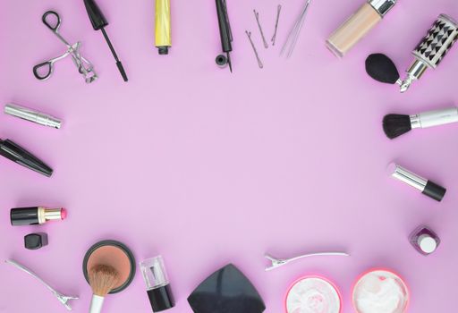 Makeup and Cosmetics Flat lay with copy space