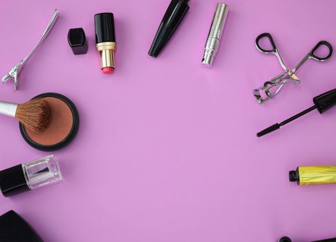 Makeup and Cosmetics Flat lay with copy space