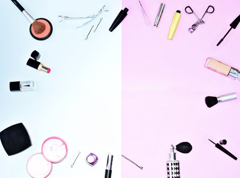 Makeup and Cosmetics Flat lay with copy space