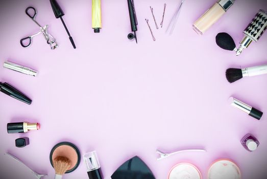 Makeup and Cosmetics Flat lay with copy space
