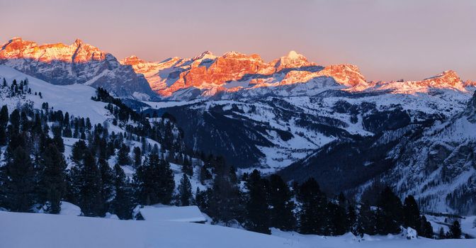 Panoramic view of sunset over Dolomites Fanis from Passo Gardena, South Tirol, Dolomites mountains, Italy