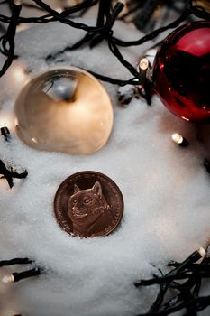 Digitl currency physical metal brass dogecoin coin. Christmas snow concept.