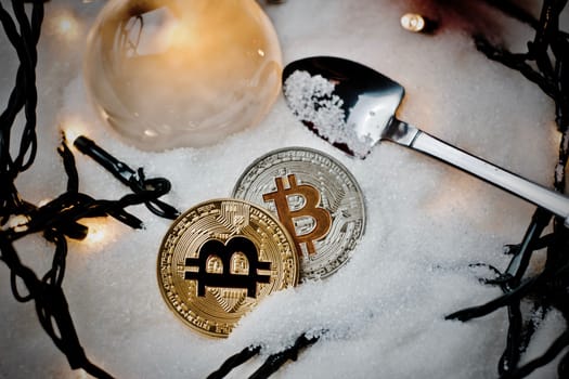Digital currency physical metal bitcoin coin. Crypto currency christmas snow composition.