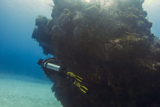 scuba diver swimming around a huge coral reef rock