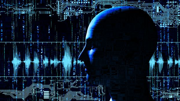 Human tech head at matrix background with electronic circuits - 3d rendering
