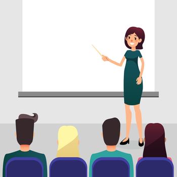 Cartoon flat women with pointer trains participants of the seminar. Female speaker doing presentation and professional training. Coach talks about new direction in company strategy.