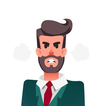 Cartoon funny angry office worker. Furious businessman with steam blowing from ears. Young man is experiencing anger