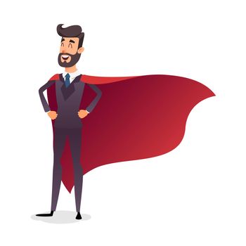 Cartoon superhero standing with cape waving in the wind. Successful happy hero businessman. Concept of success, leadership and victory in business. Young entrepreneur in a superman s cloak