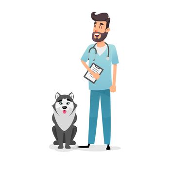 Friendly cartoon veterinarian character. Happy vet doctor with a folder and a stethoscope stands near the dog husky. A professional doctor from a veterinary clinic cured the dog