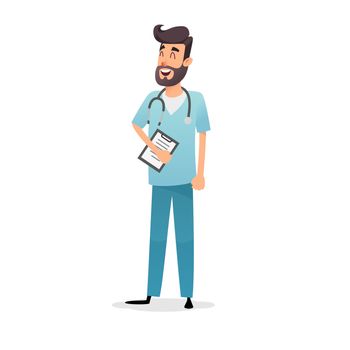 Friendly cartoon physician with stethoscope and diagnosis. Happy doctor cardiologist, pediatrician or pharmacist. Professional medic in blue uniform. Medical concept for the design of postcards, posters, flyers.