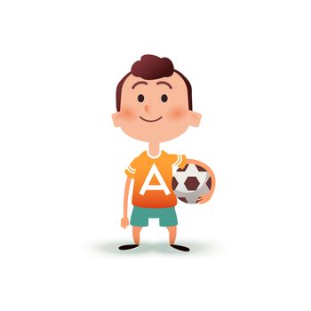 Cartoon little boy holds the ball in his hand. A young man is going to play football. Kid with a soccer ball in flat style