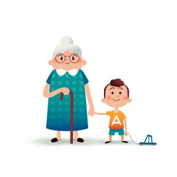 Grandmother and grandson holding hands. Little boy with a toy car and old woman cartoon illustration. Happy family concept. Cartoon flat illustration