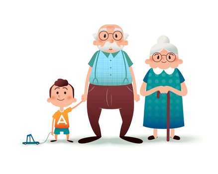 Funny cartoon family. Happy grandfather, grangmother and grandson. Granddad and little boy holding hands. Happy family concept. Cartoon flat illustration