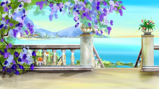 Stairs at Descent to the Sea in a Park on a sunny day. Digital Painting Background, Illustration in cartoon style character.