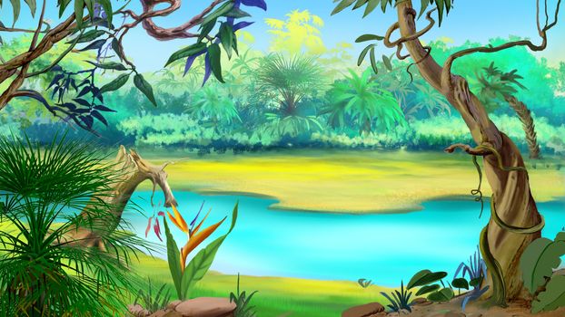 Small River in the Rainforest in a sunny day. Digital Painting Background, Illustration in cartoon style character.
