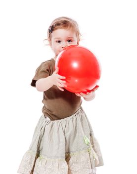 Toddler girl holding balloon standing isolated on white