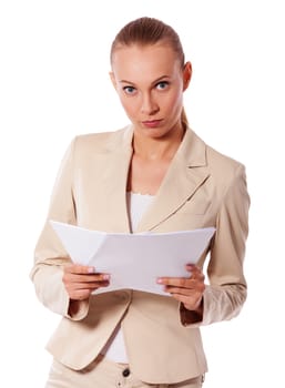 Businesswoman holding papers got idea isolated on white