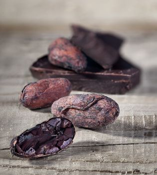 Cocoa beans and piece of dark chocolate. Blurred background.