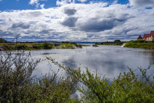 Rotorua Lake and houses, Whakarewarewa area, New Zealand