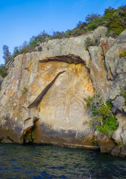 Traditional Maori rock carvings, Taupo Lake, New Zealand