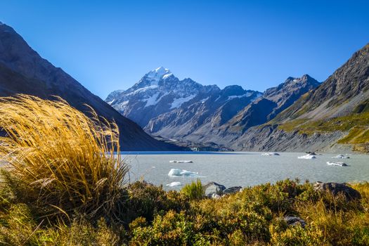 Hooker lake in Aoraki Mount Cook national park, New Zealand